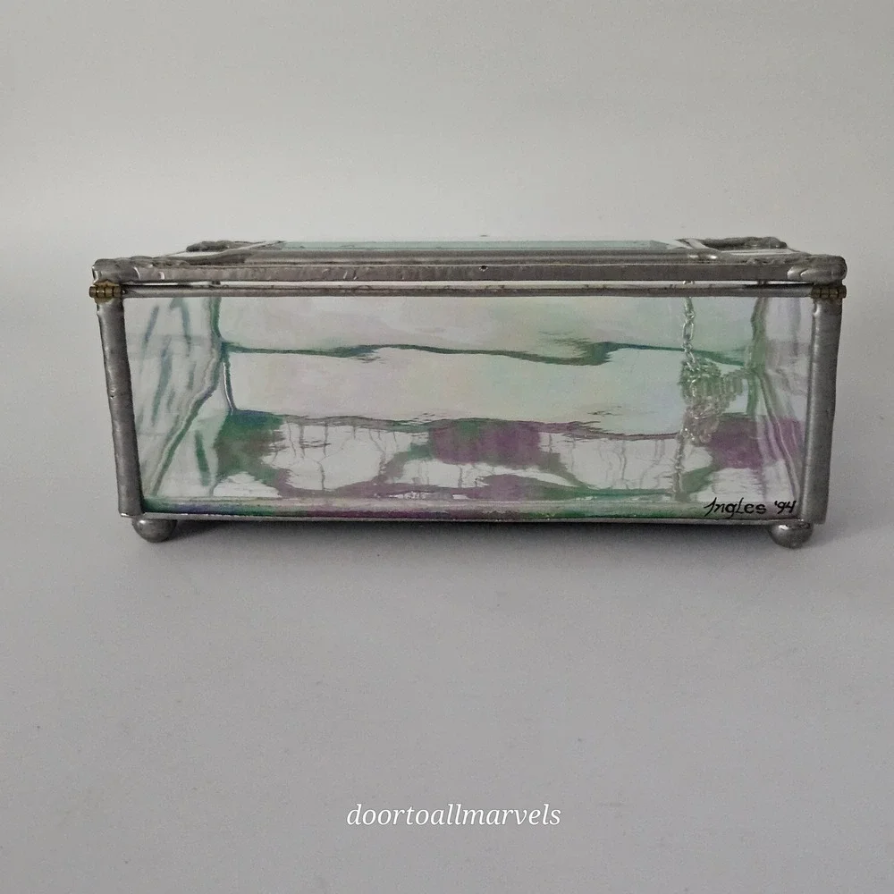 VTG Hand Painted Iridescent Glass Case Jewelry Box Signed Ingles '94 Art Nouveau